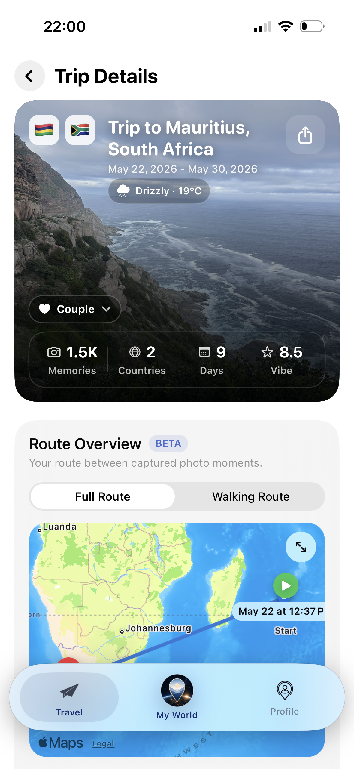 Trip Details ana kart ve route overview ekranı