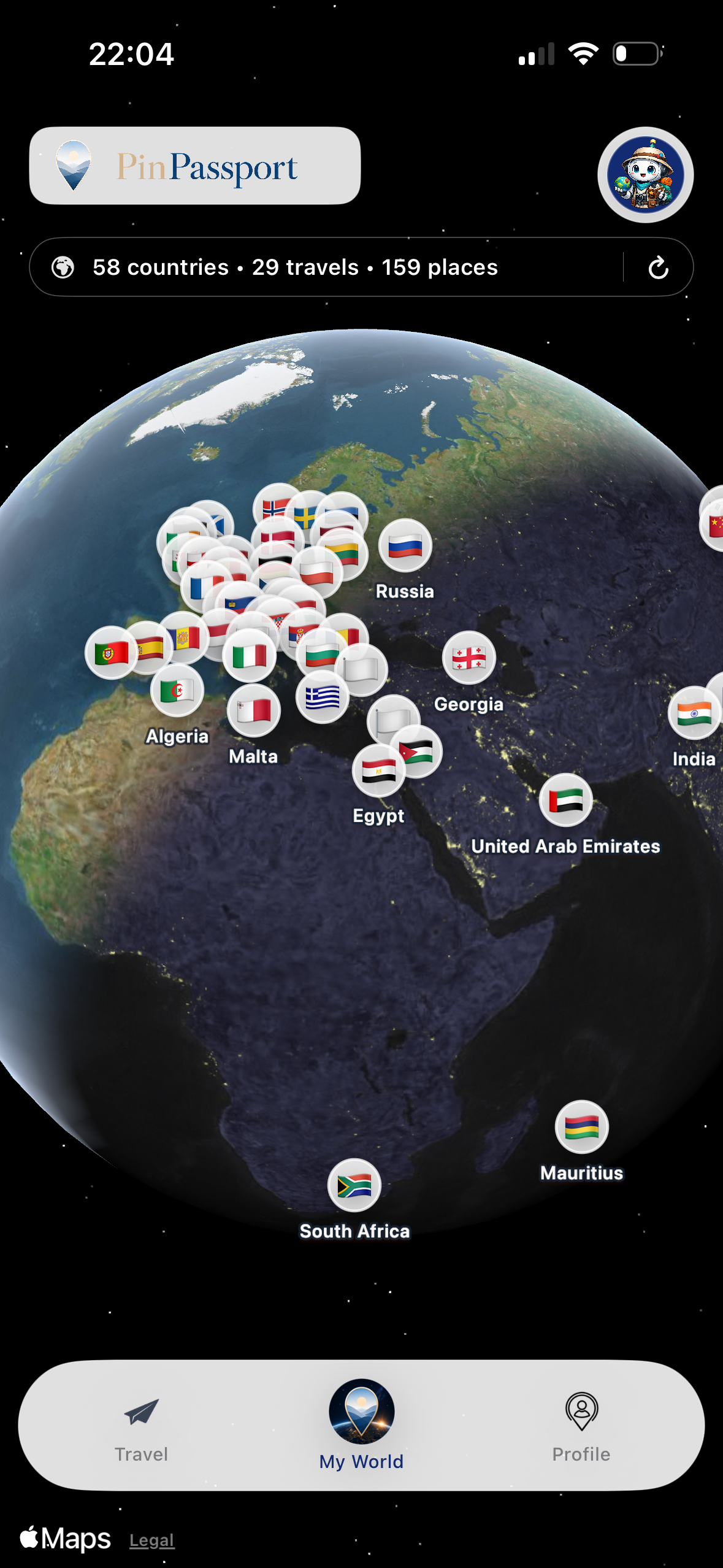 PinPassport My World yakınlaştırılmış harita ekranı