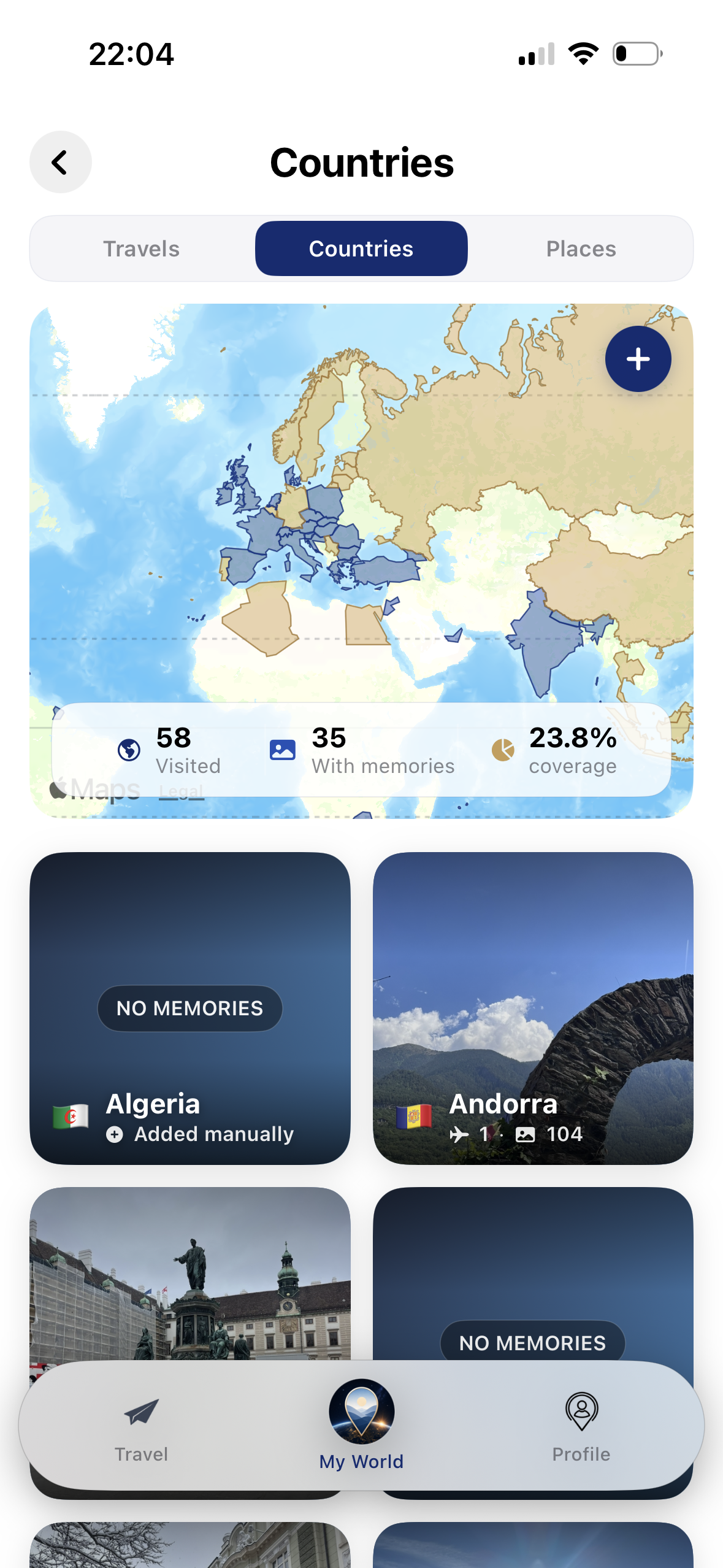 Countries harita ve ülke kartları ekranı