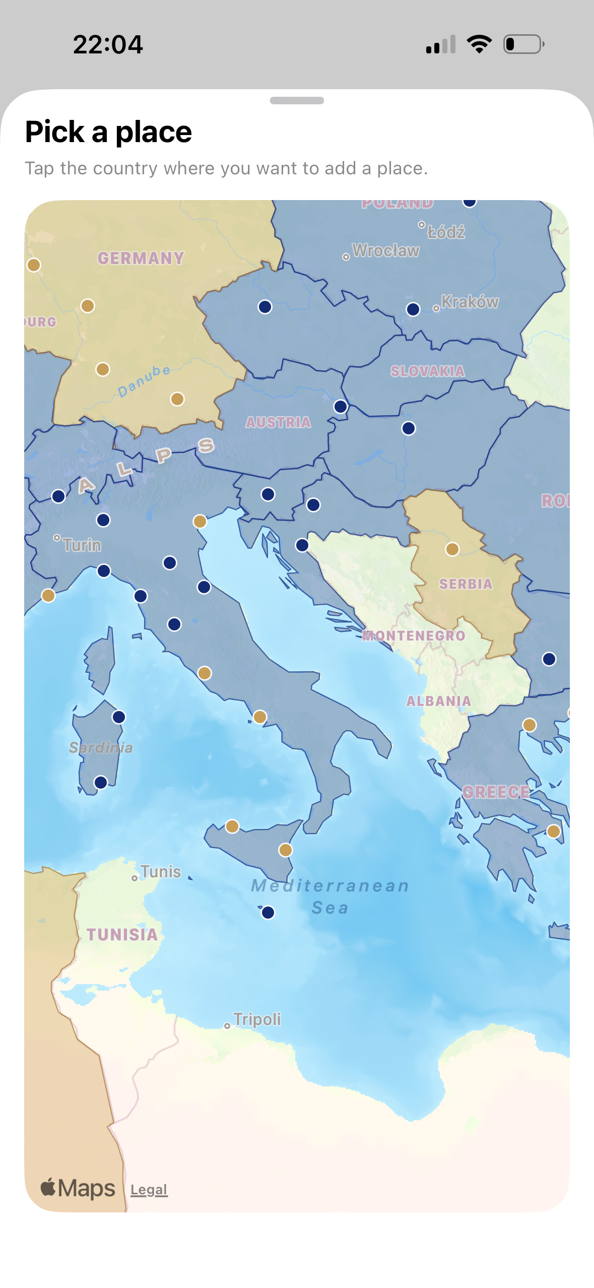 Pick a place Italy ve Greece harita ekranı