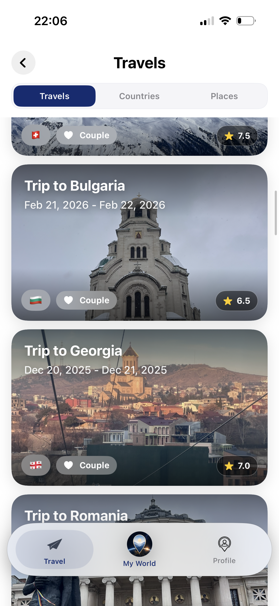 Travels list Bulgaria Georgia Romania ekranı