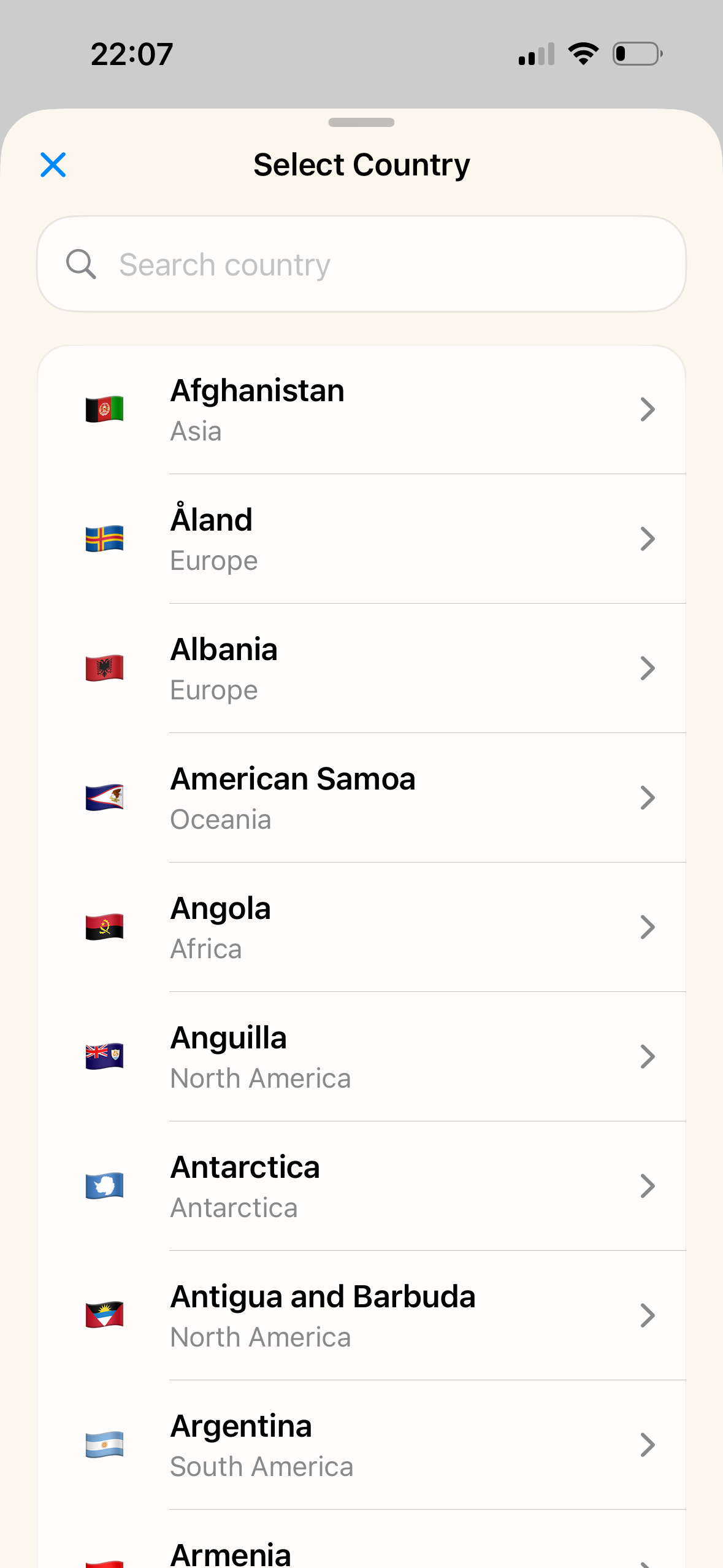 Select Country ekranı