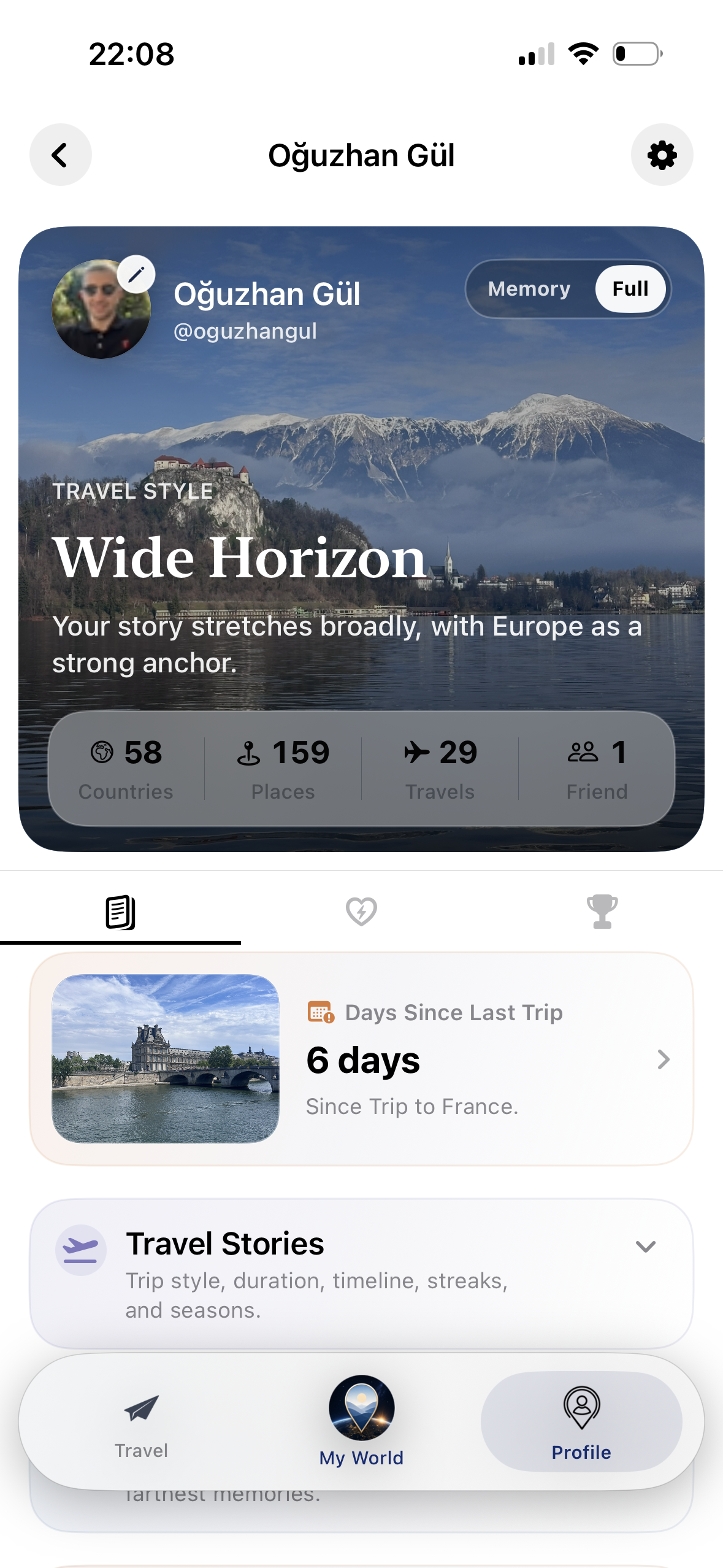 Profile top ve Travel Style ekranı