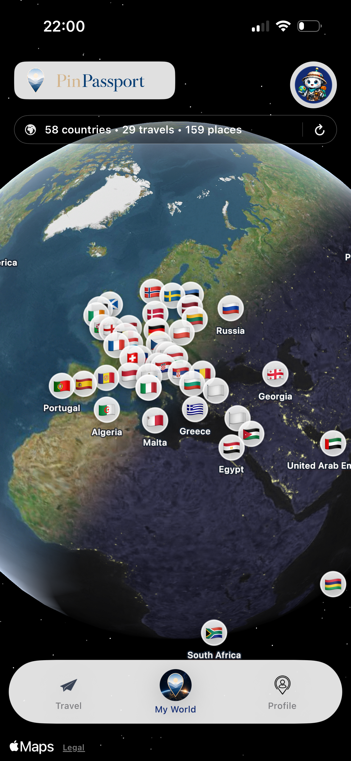 PinPassport My World screen showing a world map of visited countries.