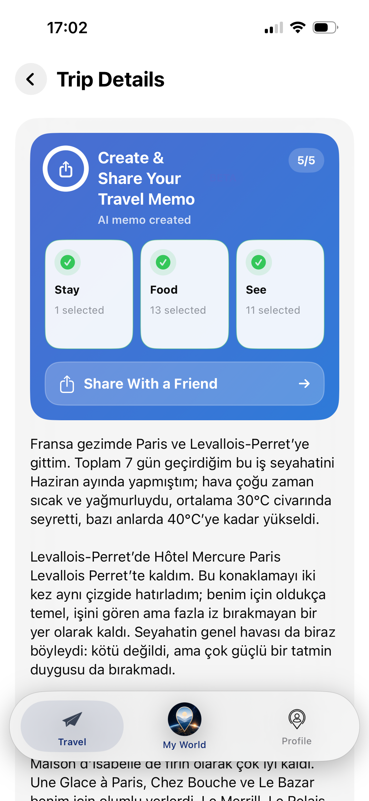 Travel Memo share screen
